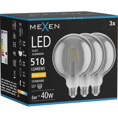 Mexen Vintis 3x LED Filament Bulb E27, G125, 6W, Warm - 2700K, 510 lm, smoke - L158-E27-0627-70x03