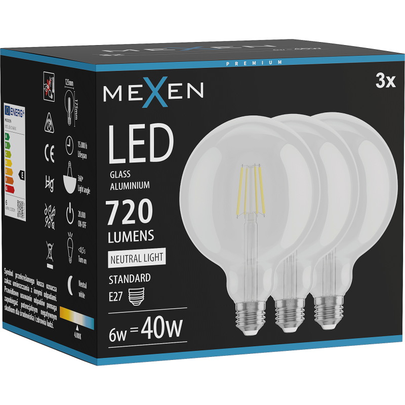 Mexen Vintis 3x LED Filament Bulb E27, G125, 6W, Neutral - 4000K, 720 lm, clear - L158-E27-0640-00x03
