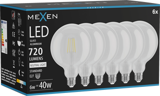 Mexen Vintis 6x LED Filament Bulb E27, G125, 6W, Neutral - 4000K, 720 lm, clear - L158-E27-0640-00x06