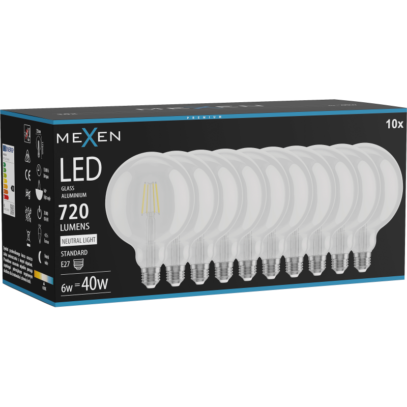 Mexen Vintis 10x LED Filament Bulb E27, G125, 6W, Neutral - 4000K, 720 lm, clear - L158-E27-0640-00x10