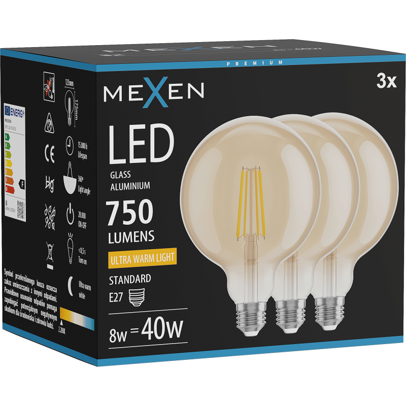 Mexen Vintis 3x LED filament bulb E27, G125, 8W, Warm - 2200K, 750 lm, amber - L158-E27-0822-50x03