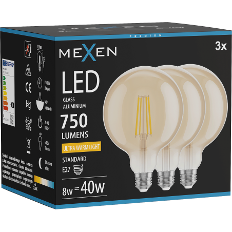 Mexen Vintis 3x LED filament bulb E27, G125, 8W, Warm - 2200K, 750 lm, amber - L158-E27-0822-50x03