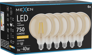 Mexen Vintis 6x LED filament bulb E27, G125, 8W, Warm - 2200K, 750 lm, amber - L158-E27-0822-50x06