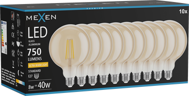Mexen Vintis 10x LED Filament Bulb E27, G125, 8W, Warm - 2200K, 750 lm, amber - L158-E27-0822-50x10