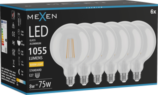 Mexen Vintis 6x LED Filament Bulb E27, G125, 8W, Warm - 2700K, 1055 lm, Clear - L158-E27-0827-00x06