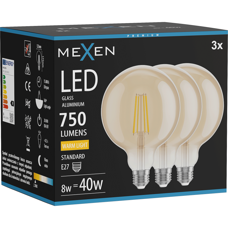 Mexen Vintis 3x LED Filament Bulb E27, G125, 8W, Warm - 2700K, 750 lm, amber - L158-E27-0827-50x03