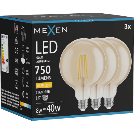 Mexen Vintis 3x LED Filament Bulb E27, G125, 8W, Warm - 2700K, 750 lm, amber - L158-E27-0827-50x03