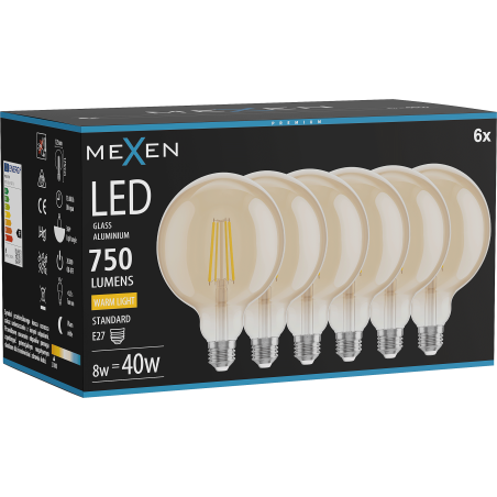 Mexen Vintis 6x Filament LED Bulb E27, G125, 8W, Warm - 2700K, 750 lm, amber - L158-E27-0827-50x06