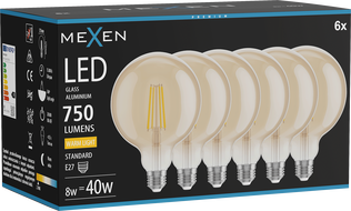 Mexen Vintis 6x Filament LED Bulb E27, G125, 8W, Warm - 2700K, 750 lm, amber - L158-E27-0827-50x06