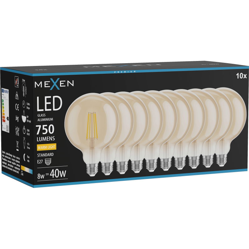 Mexen Vintis 10x LED Filament Bulb E27, G125, 8W, Warm - 2700K, 750 lm, amber - L158-E27-0827-50x10