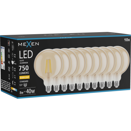 Mexen Vintis 10x LED Filament Bulb E27, G125, 8W, Warm - 2700K, 750 lm, amber - L158-E27-0827-50x10