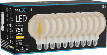 Mexen Vintis 10x LED Filament Bulb E27, G125, 8W, Warm - 2700K, 750 lm, amber - L158-E27-0827-50x10
