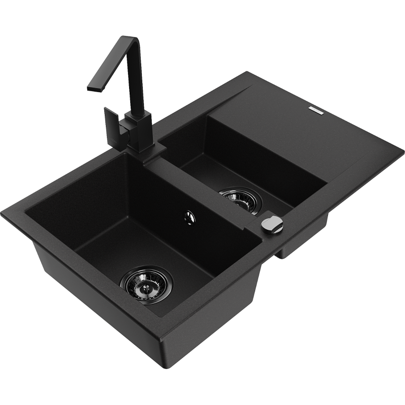 Mexen Gaspar 1.5-compartment granite sink with a drip tray and kitchen mixer tap Rita, Black - 6507-77-670300-70-B