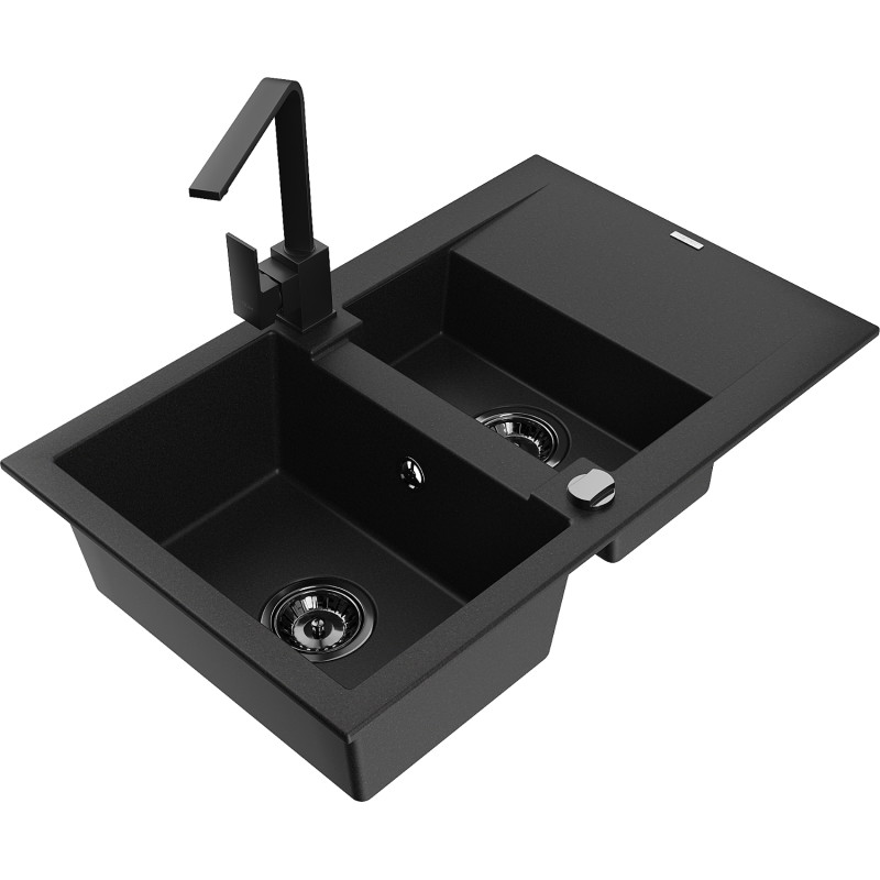 Mexen Gaspar granite kitchen sink 1.5-bowl with drainer and Rita kitchen faucet, black - 6507-77-670300-70-B