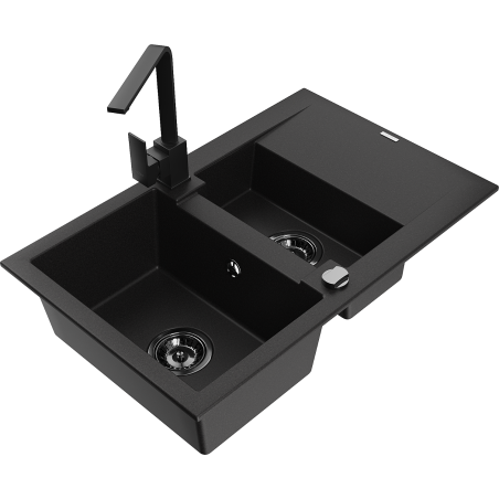 Mexen Gaspar 1.5-compartment granite sink with a drip tray and kitchen mixer tap Rita, Black - 6507-77-670300-70-B