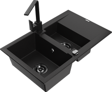 Mexen Gaspar granite kitchen sink 1.5-bowl with drainer and Rita kitchen faucet, black - 6507-77-670300-70-B