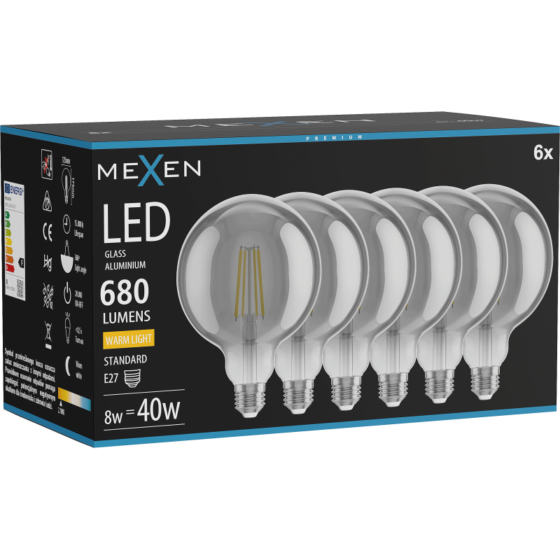 Mexen Vintis 6x LED Filament Bulb E27, G125, 8W, Warm - 2700K, 680 lm, smoke - L158-E27-0827-70x06