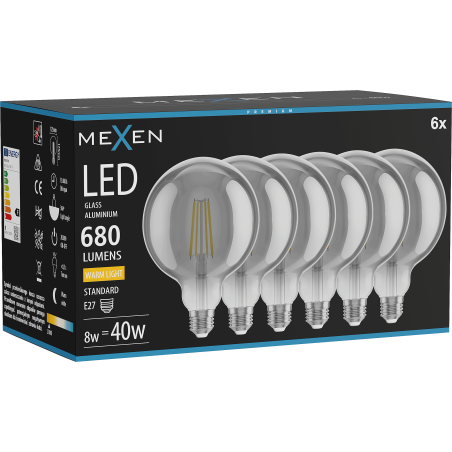 Mexen Vintis 6x LED Filament Bulb E27, G125, 8W, Warm - 2700K, 680 lm, smoke - L158-E27-0827-70x06