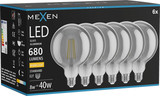 Mexen Vintis 6x LED Filament Bulb E27, G125, 8W, Warm - 2700K, 680 lm, smoke - L158-E27-0827-70x06