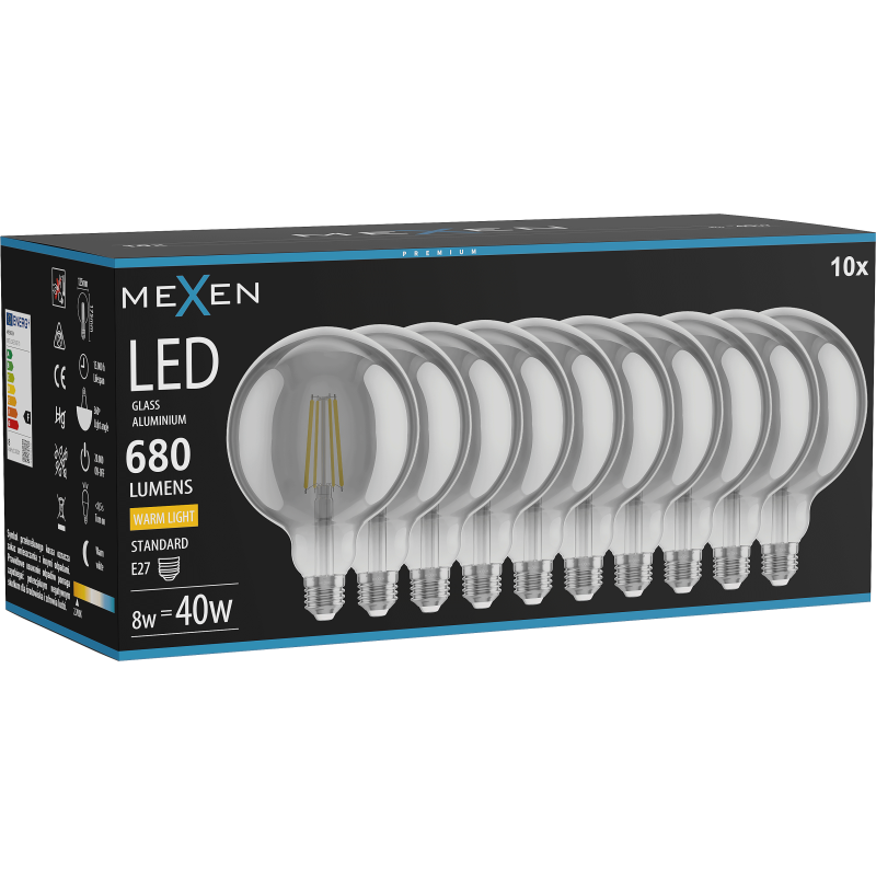 Mexen Vintis 10x LED Filament Bulb E27, G125, 8W, Warm - 2700K, 680 lm, smoke - L158-E27-0827-70x10