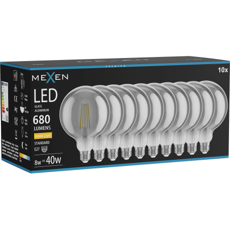 Mexen Vintis 10x LED Filament Bulb E27, G125, 8W, Warm - 2700K, 680 lm, smoke - L158-E27-0827-70x10