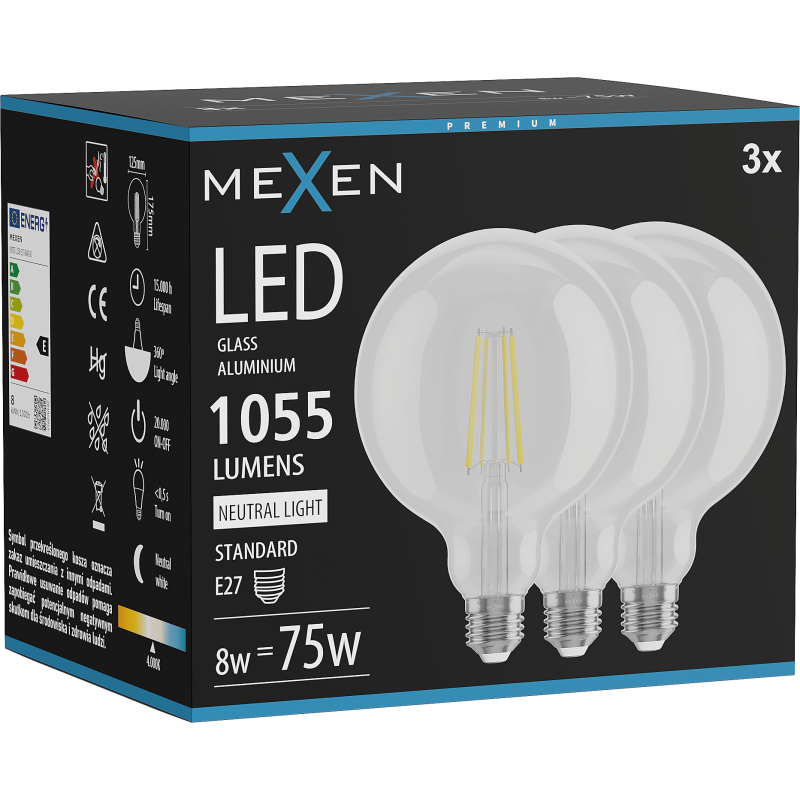 Mexen Vintis 3x LED filament bulb E27, G125, 8W, Neutral - 4000K, 1055 lm, clear - L158-E27-0840-00x03