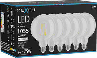 Mexen Vintis 6x LED filament bulb E27, G125, 8W, Neutral - 4000K, 1055 lm, clear - L158-E27-0840-00x06