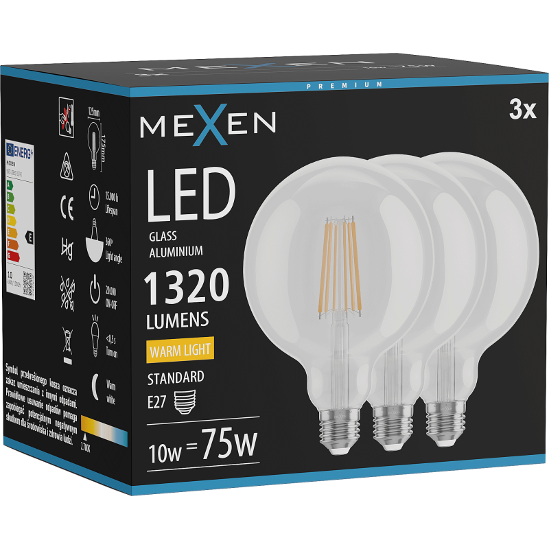 Mexen Vintis 3x LED Filament Bulb E27, G125, 10W, Warm - 2700K, 1320 lm, clear - L158-E27-1027-00x03