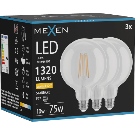 Mexen Vintis 3x LED Filament Bulb E27, G125, 10W, Warm - 2700K, 1320 lm, clear - L158-E27-1027-00x03