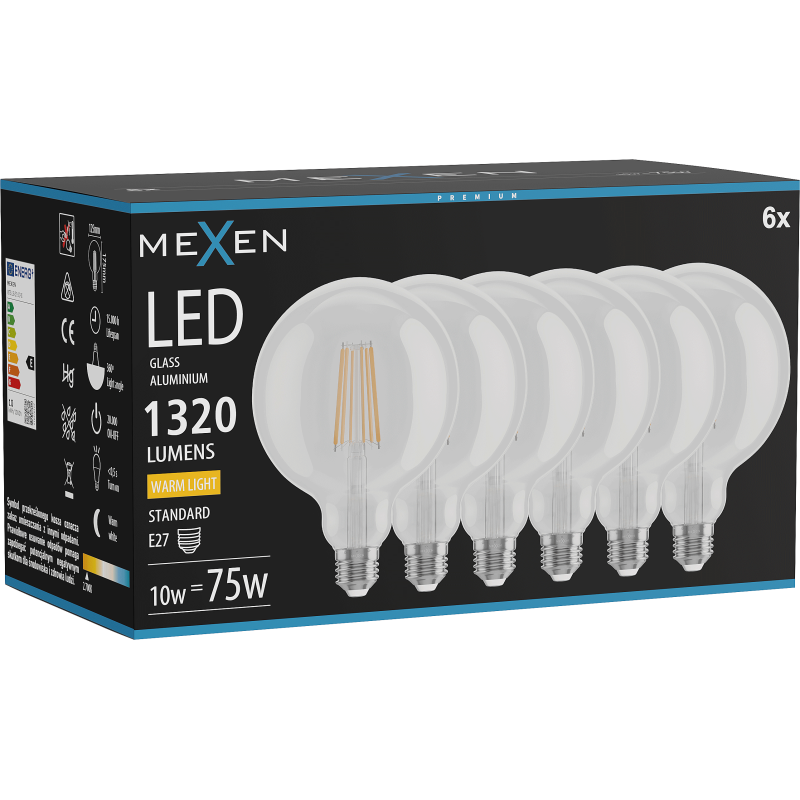 Mexen Vintis 6x LED Filament Bulb E27, G125, 10W, Warm - 2700K, 1320 lm, clear - L158-E27-1027-00x06