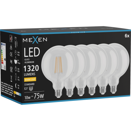 Mexen Vintis 6x LED Filament Bulb E27, G125, 10W, Warm - 2700K, 1320 lm, clear - L158-E27-1027-00x06