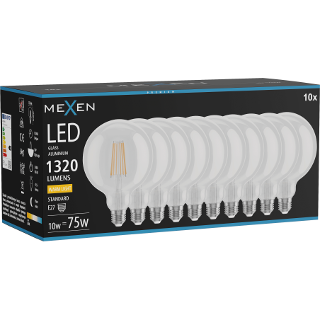 Mexen Vintis 10x LED Filament Bulb E27, G125, 10W, Warm - 2700K, 1320 lm, clear - L158-E27-1027-00x10