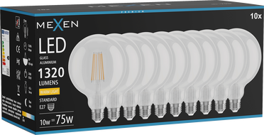 Mexen Vintis 10x LED Filament Bulb E27, G125, 10W, Warm - 2700K, 1320 lm, clear - L158-E27-1027-00x10