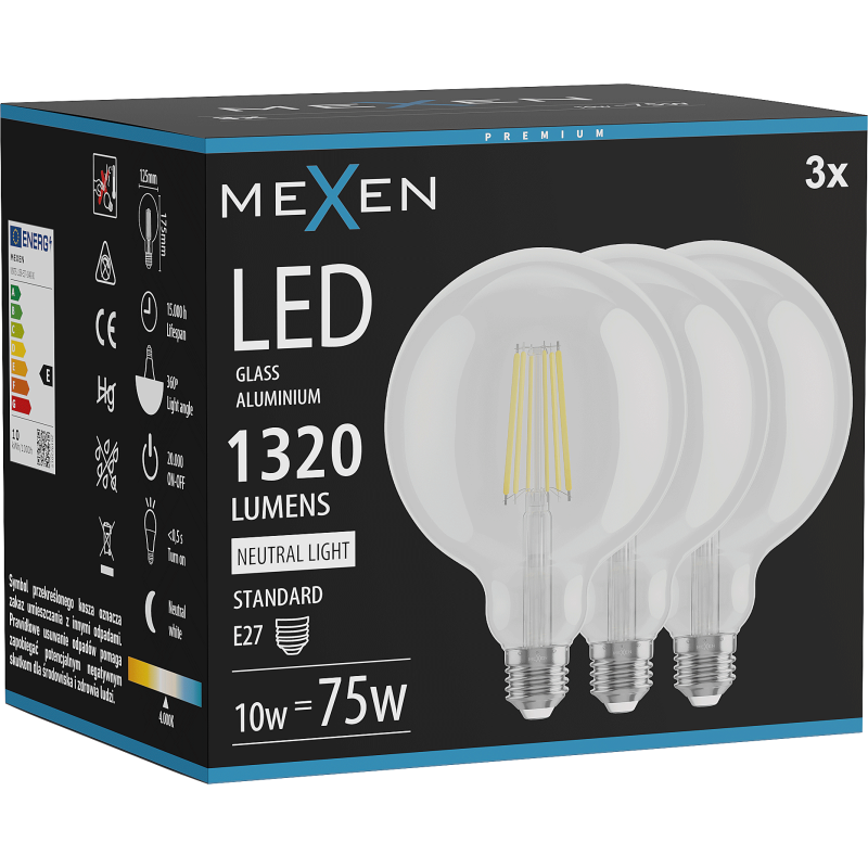 Mexen Vintis 3x LED Filament Bulb E27, G125, 10W, Neutral - 4000K, 1320 lm, clear - L158-E27-1040-00x03