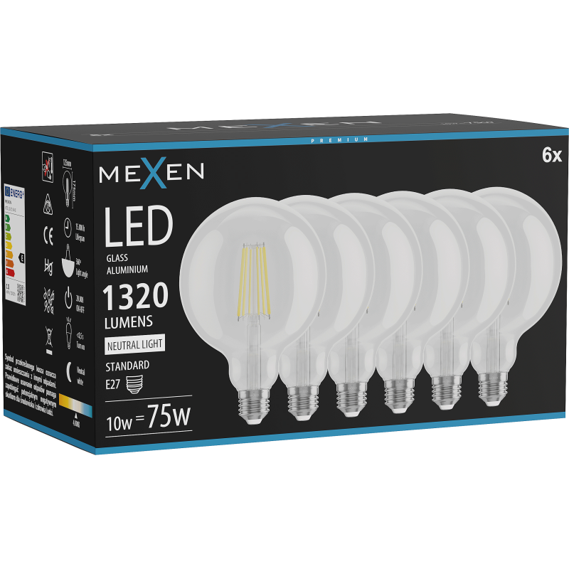 Mexen Vintis 6x LED filament bulb E27, G125, 10W, Neutral - 4000K, 1320 lm, clear - L158-E27-1040-00x06