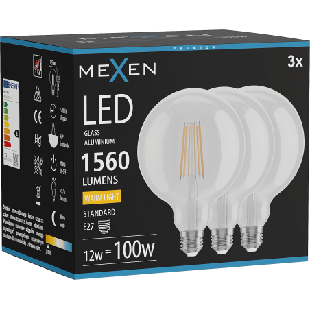 Mexen Vintis 3x LED filament bulb E27, G125, 12W, Warm - 2700K, 1560 lm, clear - L158-E27-1227-00x03