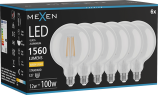 Mexen Vintis 6x Filament LED Bulb E27, G125, 12W, Warm - 2700K, 1560 lm, clear - L158-E27-1227-00x06