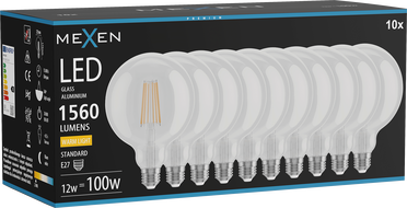 Mexen Vintis 10x LED Filament Bulb E27, G125, 12W, Warm - 2700K, 1560 lm, clear - L158-E27-1227-00x10