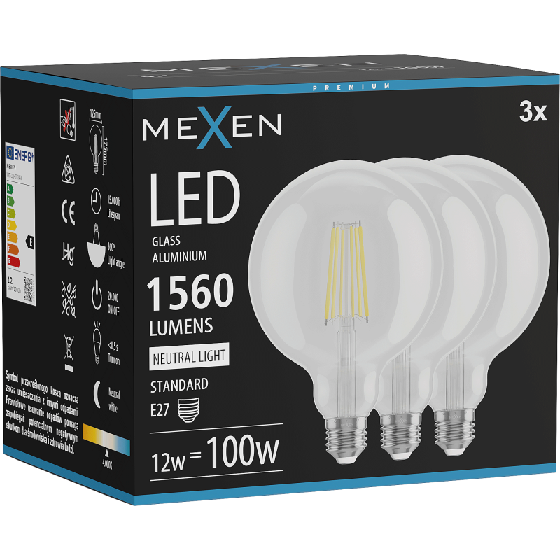Mexen Vintis 3x LED Filament Bulb E27, G125, 12W, Neutral - 4000K, 1560 lm, clear - L158-E27-1240-00x03