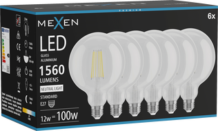 Mexen Vintis 6x Filament LED Bulb E27, G125, 12W, Neutral - 4000K, 1560 lm, clear - L158-E27-1240-00x06