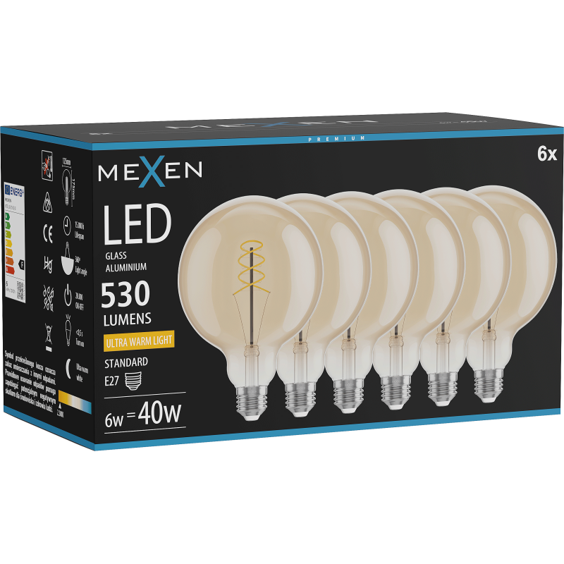 Mexen Vintis 6x Filament Spiral LED Bulb E27, G125, 6W, Warm - 2200K, 530 lm, amber - L168-E27-0622-50x06
