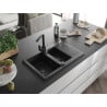 Mexen Gaspar granite sink 1.5-bowl with drainer and Rita kitchen tap, black - 6507-77-670300-70-B