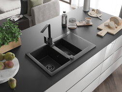 Mexen Gaspar granite kitchen sink 1.5-bowl with drainer and Rita kitchen faucet, black - 6507-77-670300-70-B
