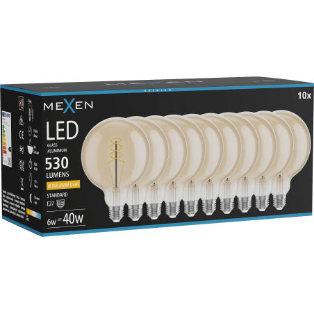 Mexen Vintis 10x LED Filament Spiral Bulb E27, G125, 6W, Warm - 2200K, 530 lm, amber - L168-E27-0622-50x10