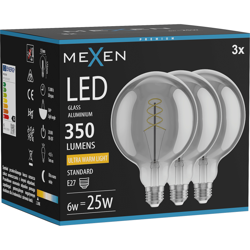 Mexen Vintis 3x LED Spiral Filament Bulb E27, G125, 6W, Warm - 2200K, 350 lm, smoke - L168-E27-0622-70x03