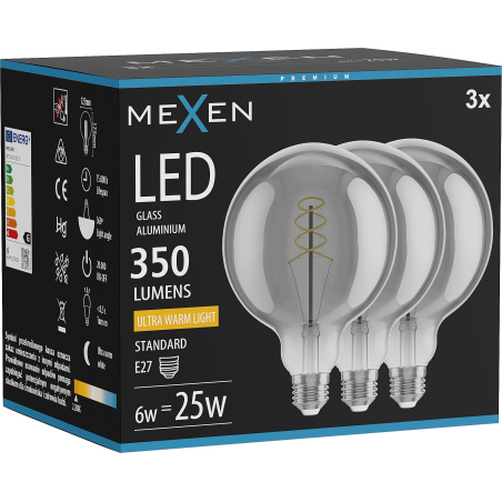 Mexen Vintis 3x LED Spiral Filament Bulb E27, G125, 6W, Warm - 2200K, 350 lm, smoke - L168-E27-0622-70x03