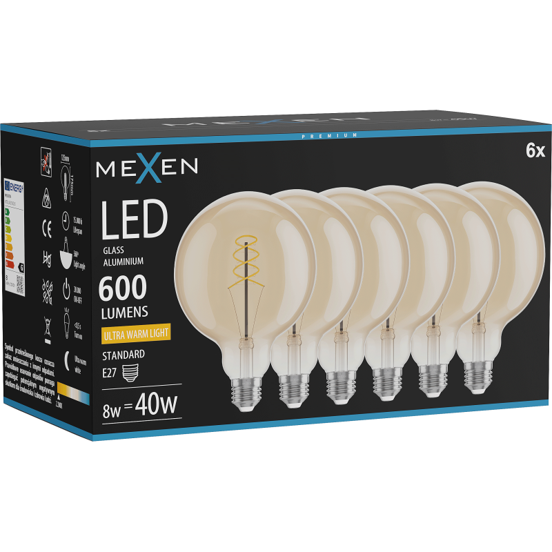 Mexen Vintis 6x Bulb Filament Spiral LED E27, G125, 8W, Warm - 2200K, 600 lm, amber - L168-E27-0822-50x06