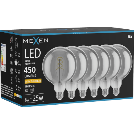 Mexen Vintis 6x Filament Spiral LED Bulb E27, G125, 8W, Warm - 2200K, 450 lm, smoke - L168-E27-0822-70x06
