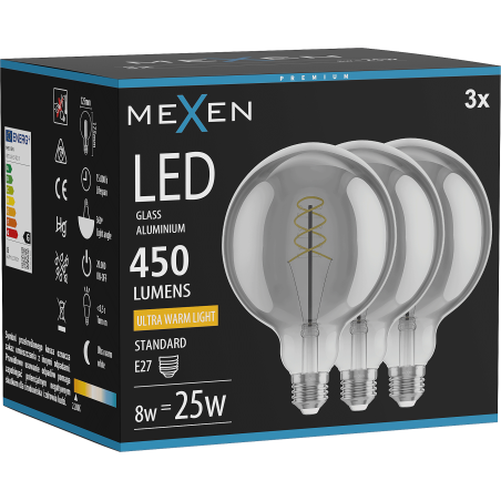 Mexen Vintis 3x Filament Spiral LED Bulb E27, G125, 8W, Warm - 2200K, 450 lm, smoke - L168-E27-0822-70x03