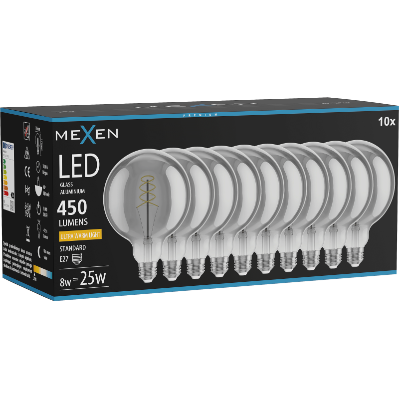 Mexen Vintis 10x LED Spiral Filament Bulb E27, G125, 8W, Warm - 2200K, 450 lm, smoke - L168-E27-0822-70x10